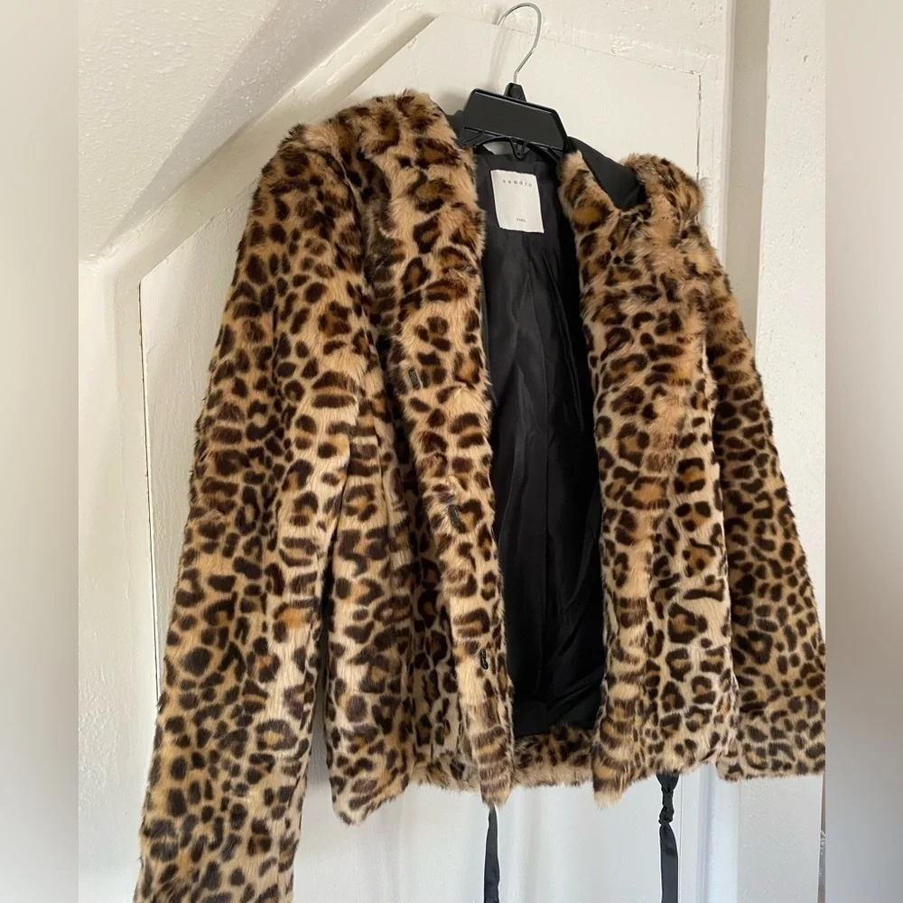 Sandro Paris Leopard Faux Fur Hooded Jacket Coat Size Small